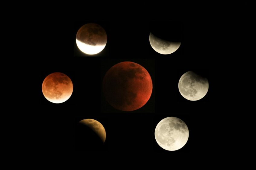 This combination of photos shows the moon in various stages of a total lunar eclipse during the first blood moon of the year in Temple City, California. AP Photo/Ringo H.W. Chiu