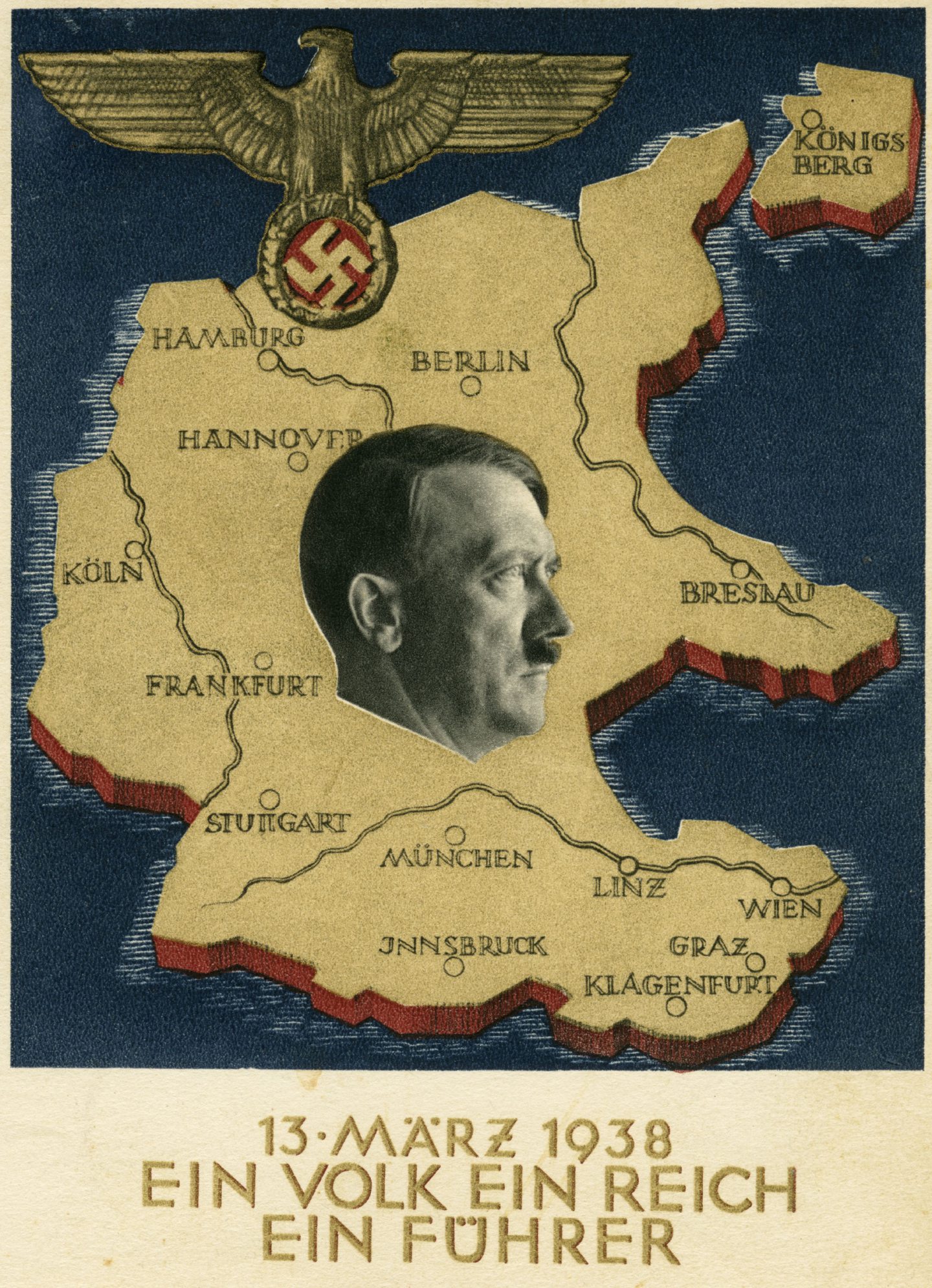 Poster of a map of Germany with Hitler's face.