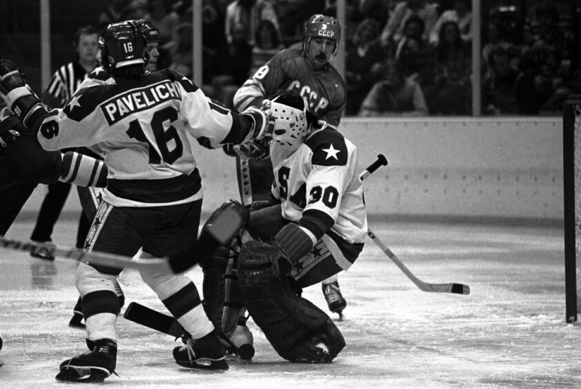 Mark Pavelich in action against the USSR at the 1980 Winter Olympics.