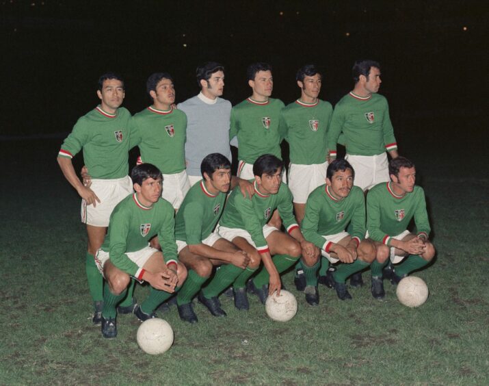 This is the Mexican national soccer team lined up on the pitch at the Azteca Stadium in Mexico City in 1969.