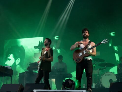 Yannis Philippakis of Foals performing on the Pyramid Stage at the Glastonbury Festival, at Worthy Farm in Somerset (Yui Mok/PA)