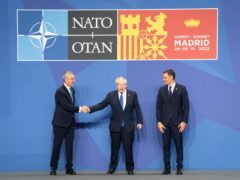 Nato Secretary General Jens Stoltenberg, and Spanish Prime Minister Pedro Sanchez welcome Prime Minister Boris Johnson to the Nato summit in Madrid, Spain. Picture date: Wednesday June 29, 2022 (Stefan Rousseau/PA)