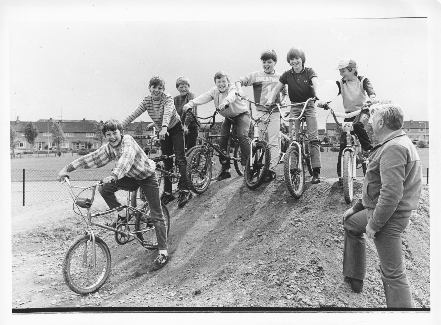 Councillor Brian Rattray watches youngsters try out the new BMX track beside the Beacon Centre at Bucksburn in 1985.