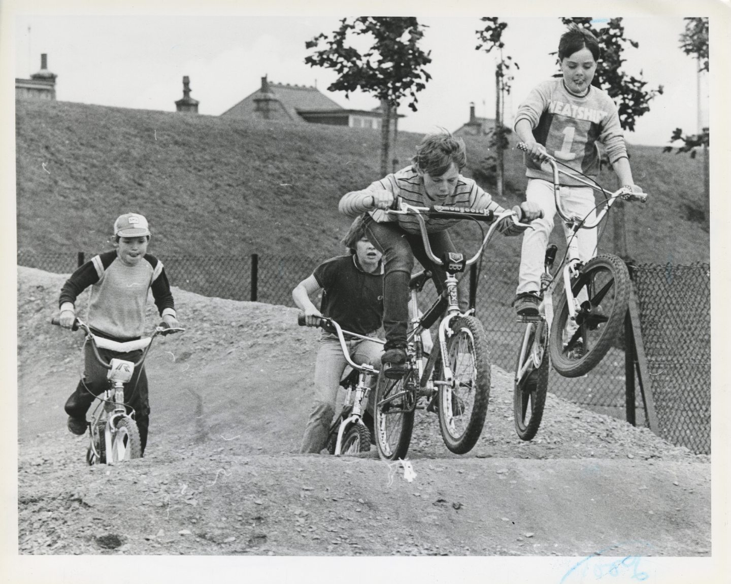 Robert Gray and Philip Maybury, Bucksburn lead the riders round their BMX track in 1985.