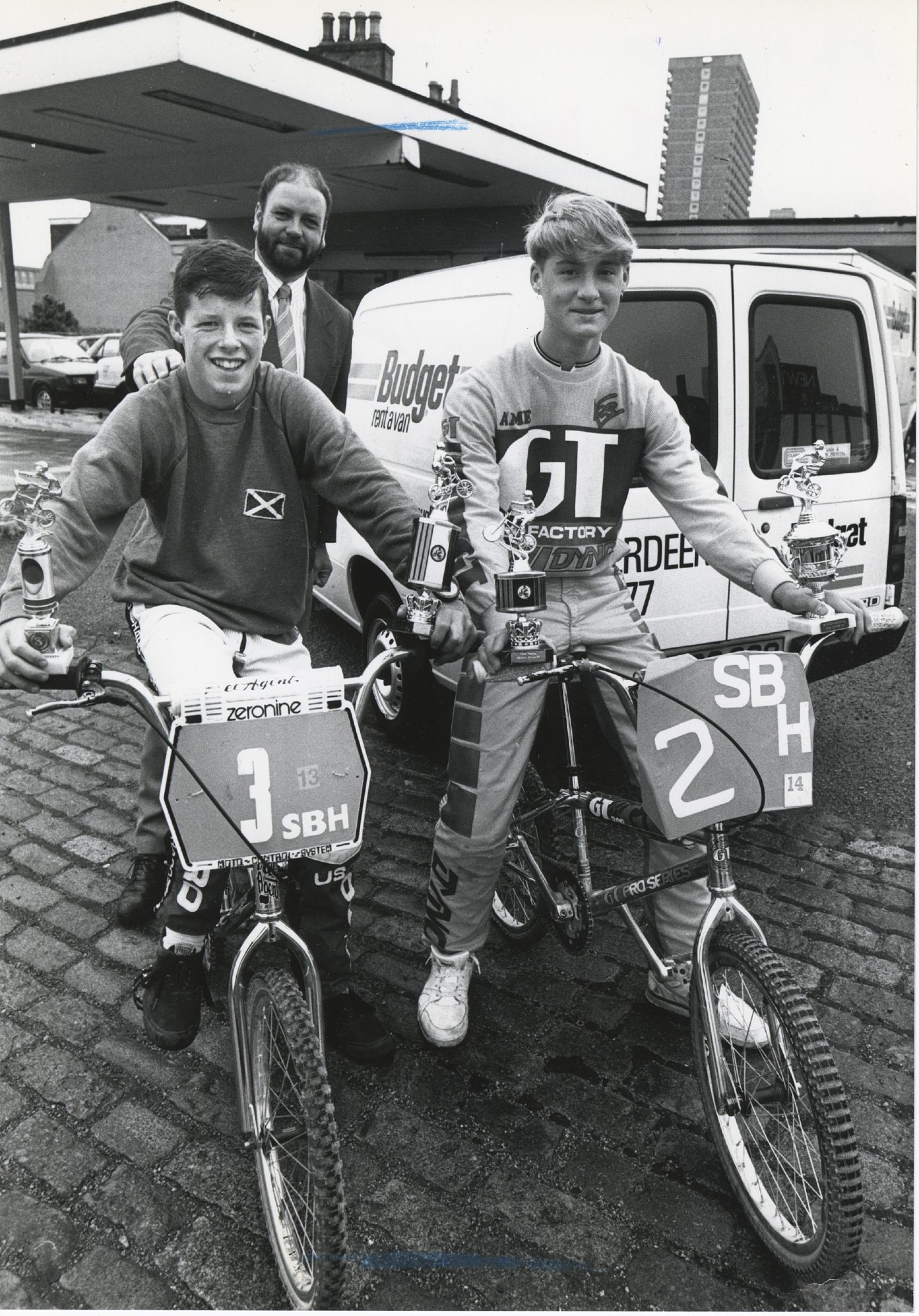 Steven Mitchell and Alan Rhodes after competing in the BMX championships at Alvaston, Derby. They were members of the Bennachie Bandits BMX Racing Club.