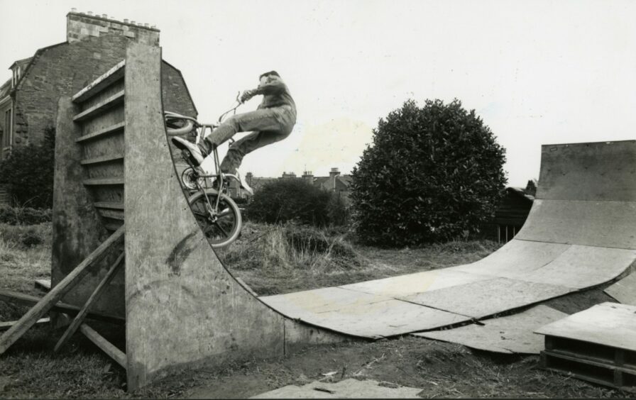 A BMX ramp on waste ground in Melville Terrace in Dundee in 1988, at the height of the bike craze.