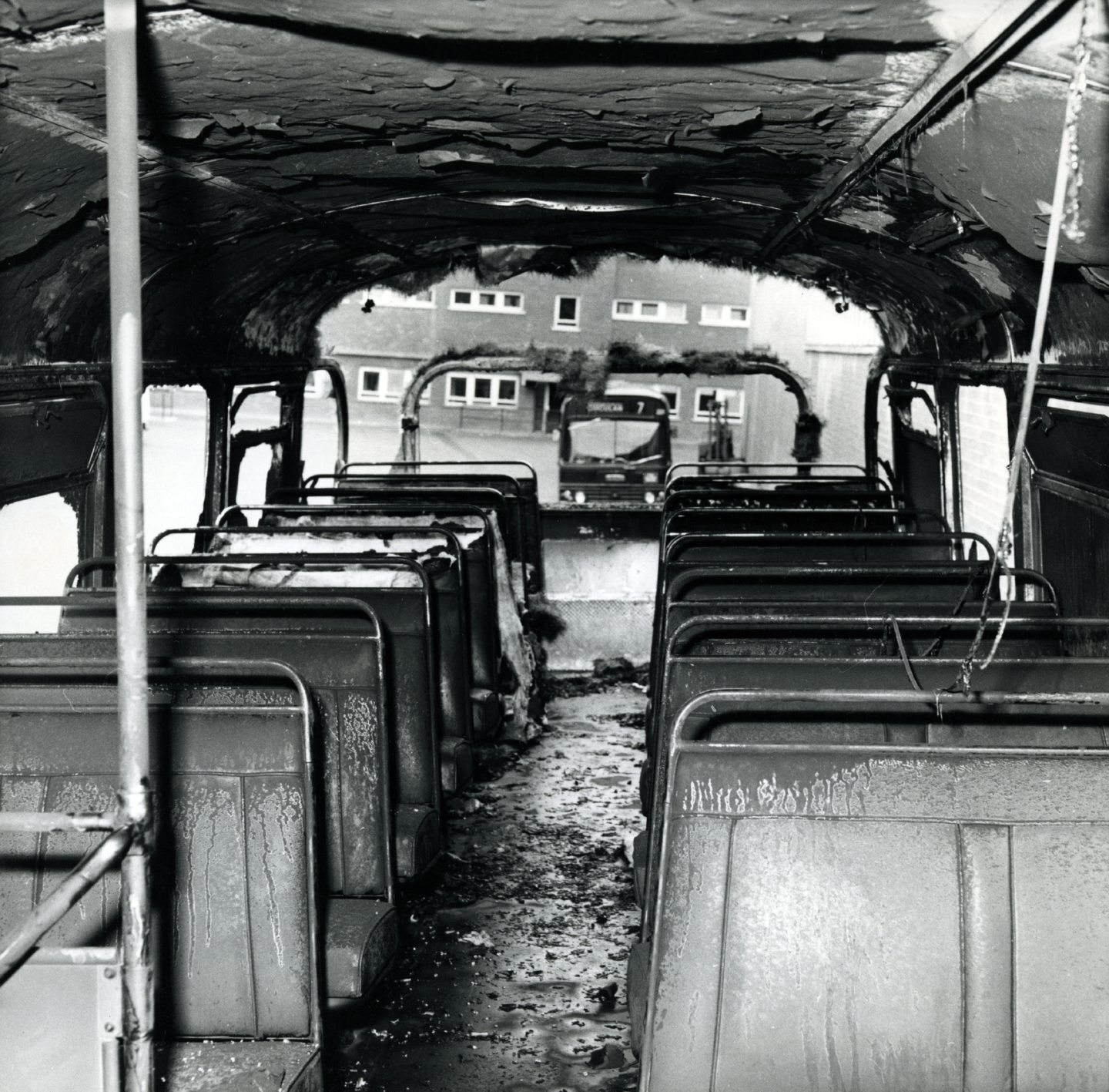 The charred remains of the bus which was set on fire back in July 1973.