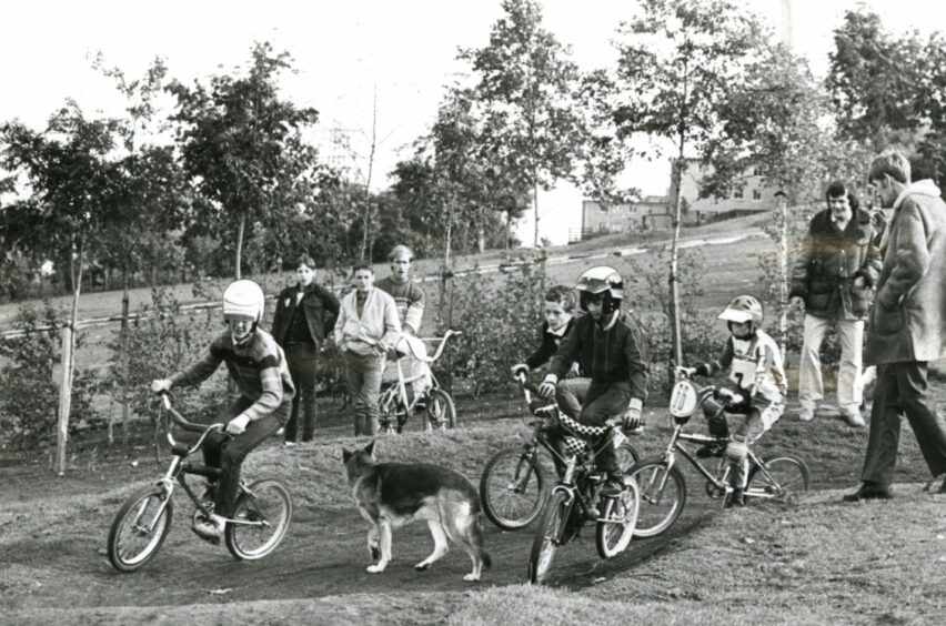 A dog poses another obstacle for riders at the BMX track race meeting in Charleston in November 1984.