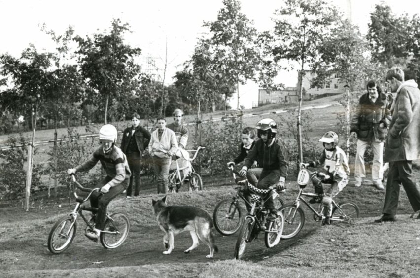 A dog provides another obstacle for riders at the BMX track race meeting in Charleston in November 1984.