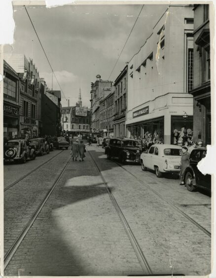 A view down the Murraygate in 1956 with Marks and Spencer on the right.