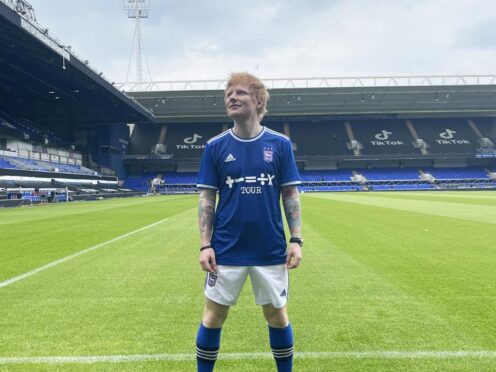 Ed Sheeran continues his sponsorship of Ipswich club’s shirts for next season (LD Communications handout/PA)