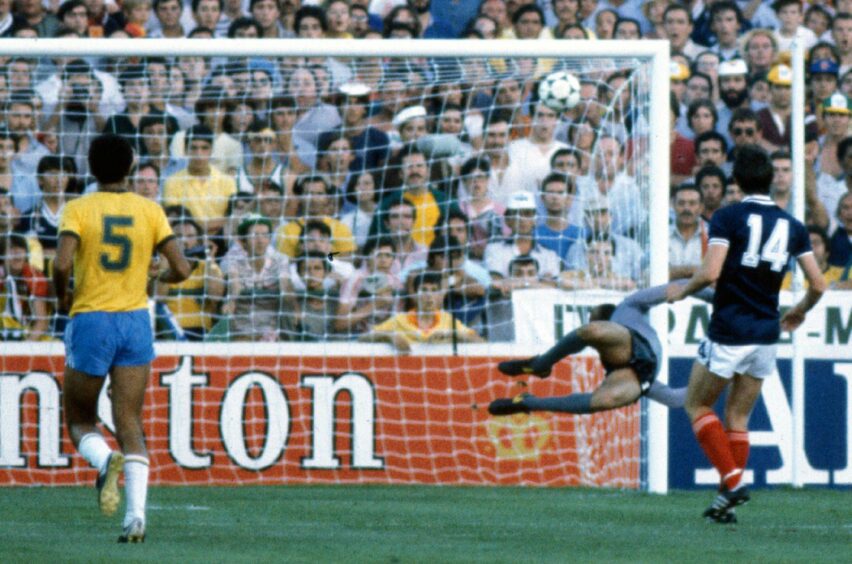 David Narey scores his wonder goal against Brazil in 1982.