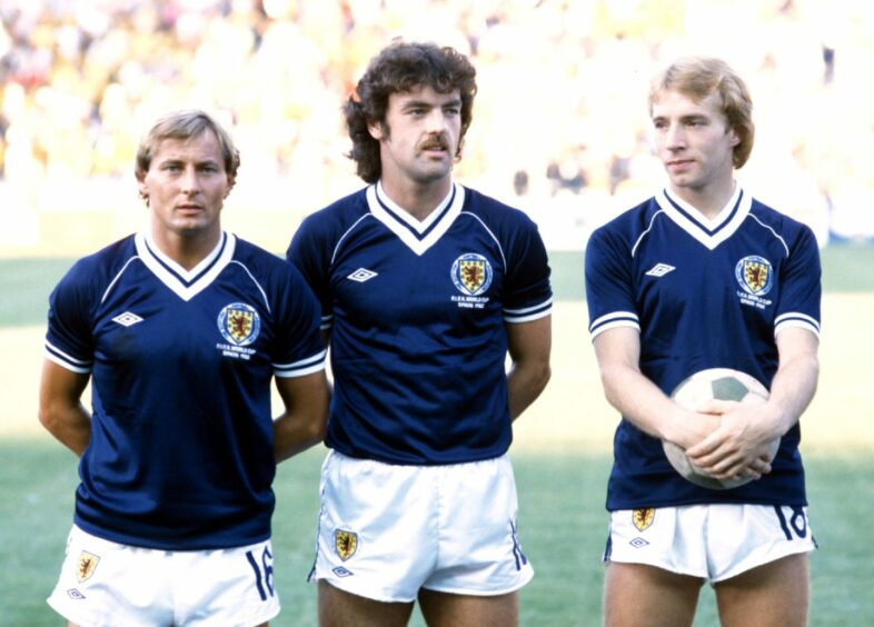 Scotland's Asa Hartford, left, John Wark and Steve Archibald lining up before the match against Brazil.