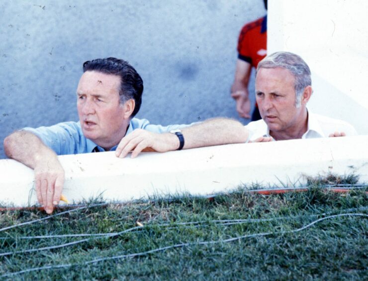 Jock Stein alongside his assistant manager, Jim McLean, in 1982.