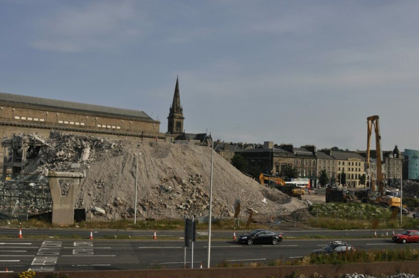 The rubble heap after the demolition of Tayside House.