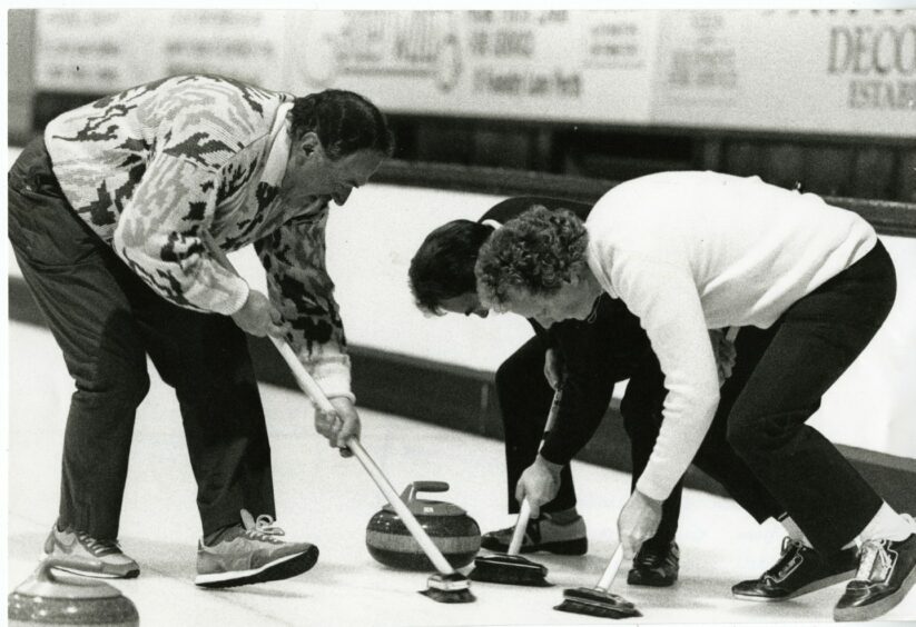 Ian Drape, Graham Kerr and Graeme Currie, all from Dundee, at the Weddell Cup Bonspiel at Perth Ice Rink in November 1988.