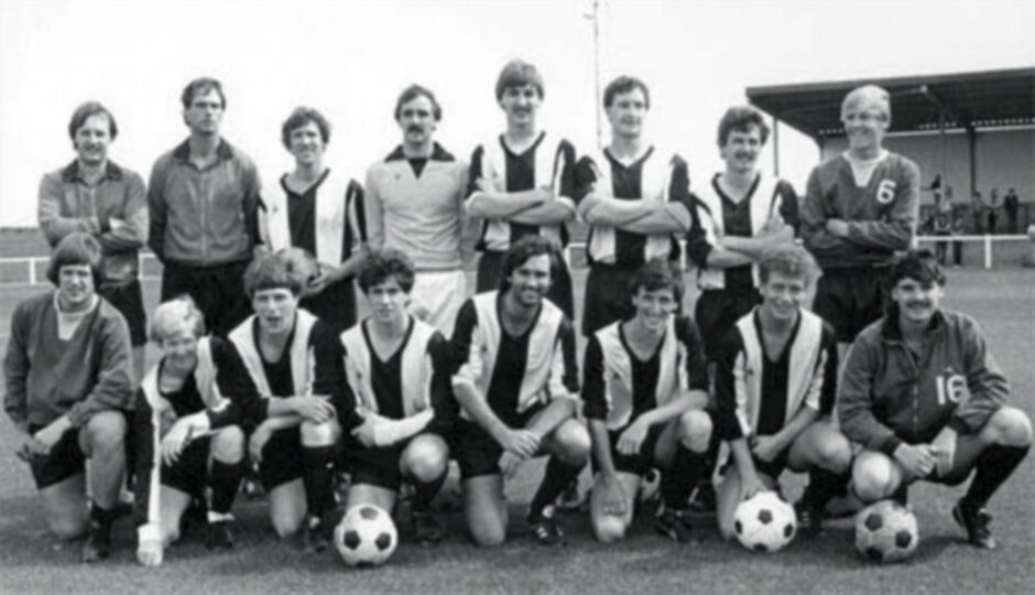 George Best with his Arbroath Vics team-mates at the club's centenary match against Arbroath in August 1982.