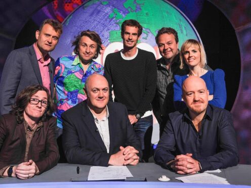 Hugh Dennis, Ed Byrne, Milton Jones, Dara O’Briain, Andy Murray, Hal Cruttenden, Andy Parsons and Holly Walsh on a Mock The Week Sport Relief special (BBC/PA)