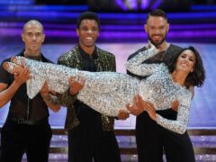 Max George, Rhys Stephenson and John Whaite holding host Janette Manrara during the Strictly Come Dancing Live Tour press launch at the Ultilita Arena, Birmingham (Jacob King/PA)