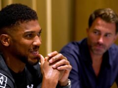 Anthony Joshua (left) and promoter Eddie Hearn at the Shangri-La Hotel in Jeddah on Monday (Nick Potts/PA)