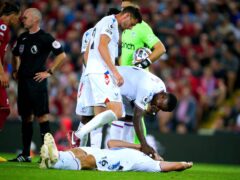 Palace defender Joachim Andersen lies on the pitch after headbutted by Liverpool’s Darwin Nunez during the 1-1 draw at Anfield (Peter Byrne/PA Images).