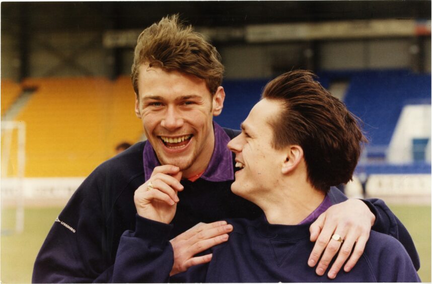 Duncan Ferguson and Scott Booth were all smiles before taking on world champions Germany in March 1993.