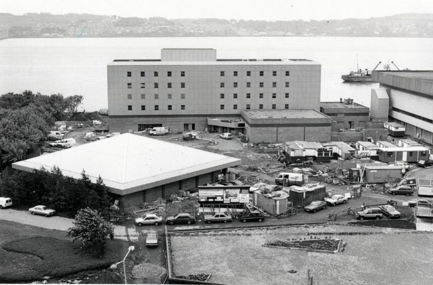 Elevated image showing the Stakis Earl Grey Hotel and casino under construction at Dundee waterfront.