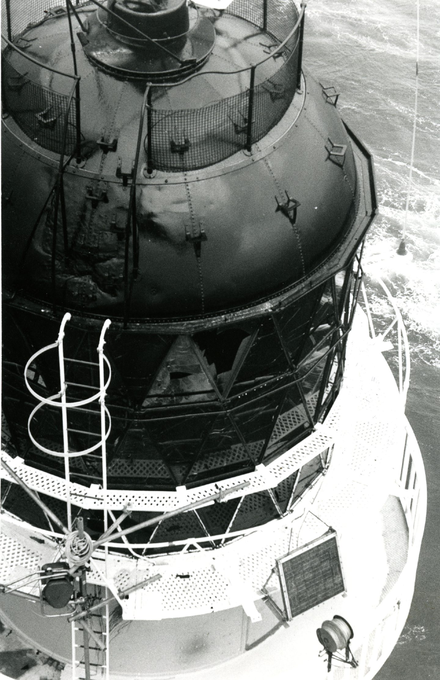 The damage to the lighthouse could be seen from the helicopter that rescued the three men.