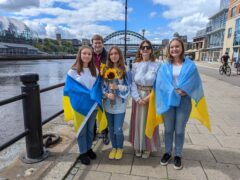A choir of young Ukrainian residents performed on Newcastle quayside to support the bid for Eurovision 2023 (NewcastleGateshead Initiative/PA)