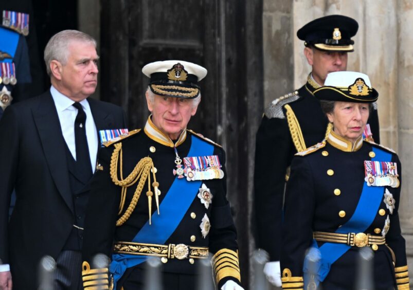 Prince Andrew, King Charles III, Prince Edward and Princess Anne at funeral.