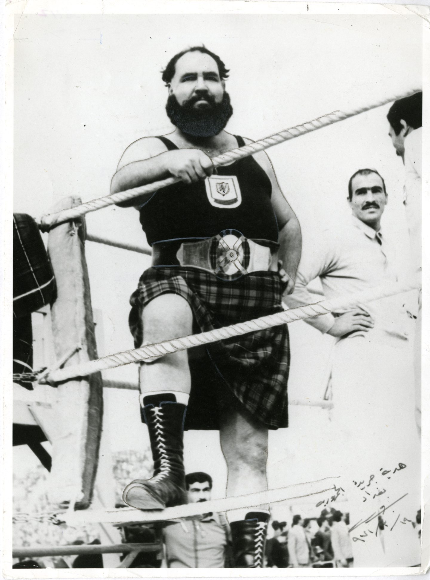 Dunfermline wrestling hero Ian Campbell in his kilt in the ring.