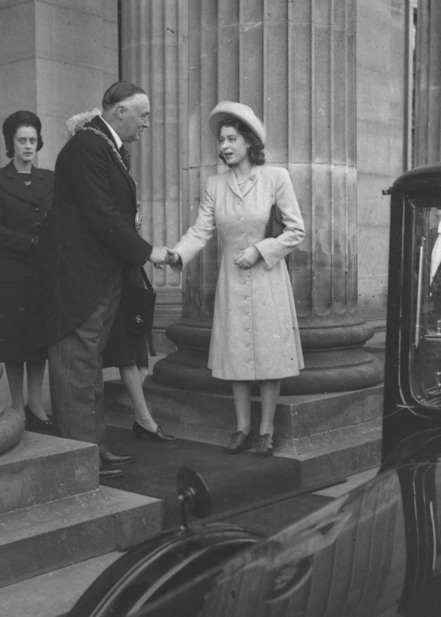 Princess Elizabeth shaking hands with Lord Provost Sir Garnet Wilson before the opening of Camperdown Park.