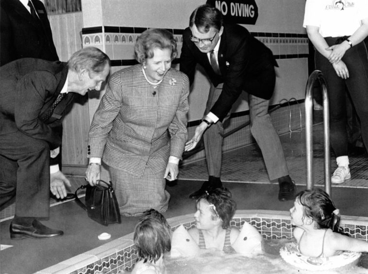 Prime Minister Margaret Thatcher speaking to users of the hotel in March 1988. 