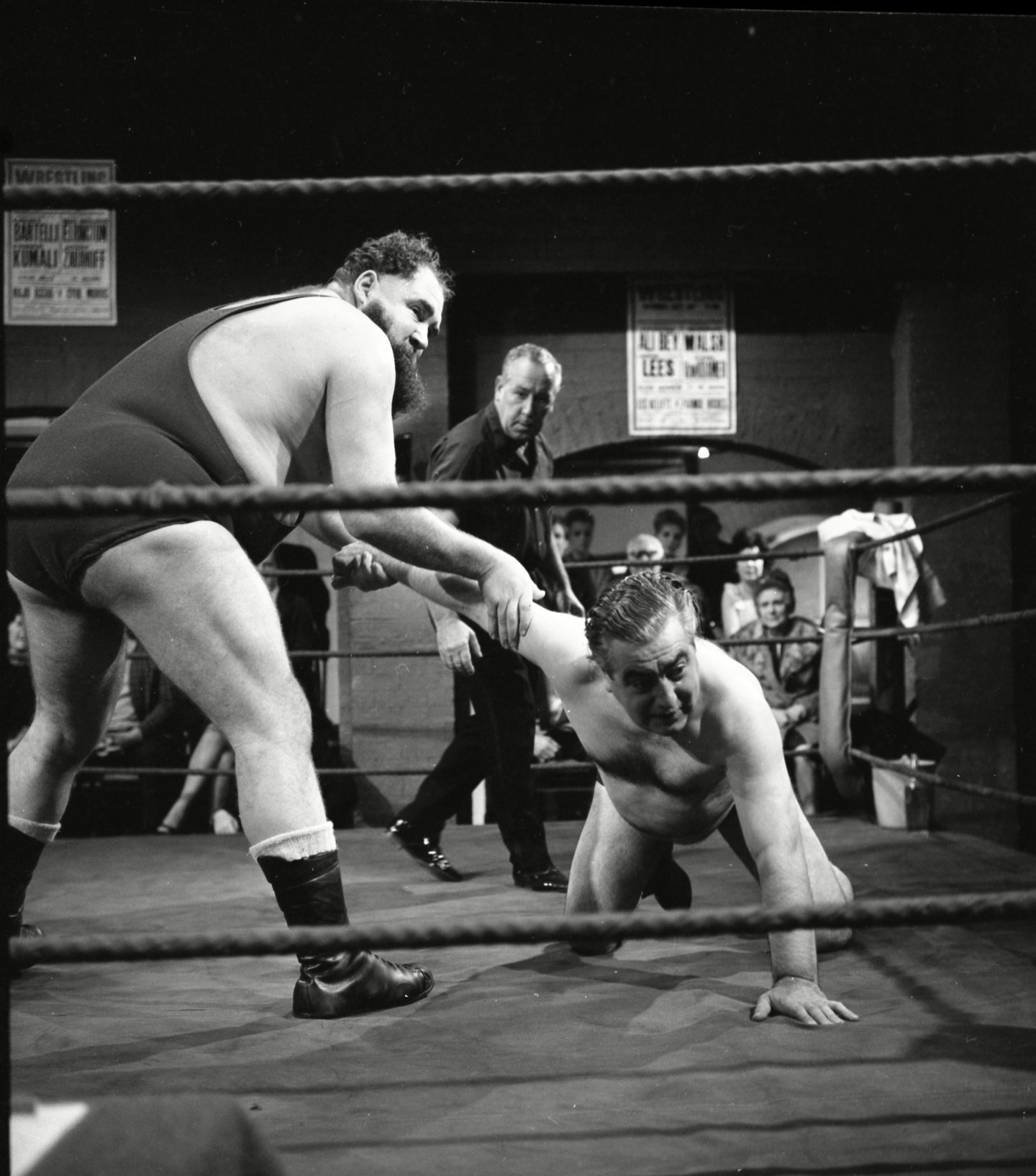 Stan Ogden takes on Ian Campbell in a wrestling match in 1964 which appeared on Coronation Street.