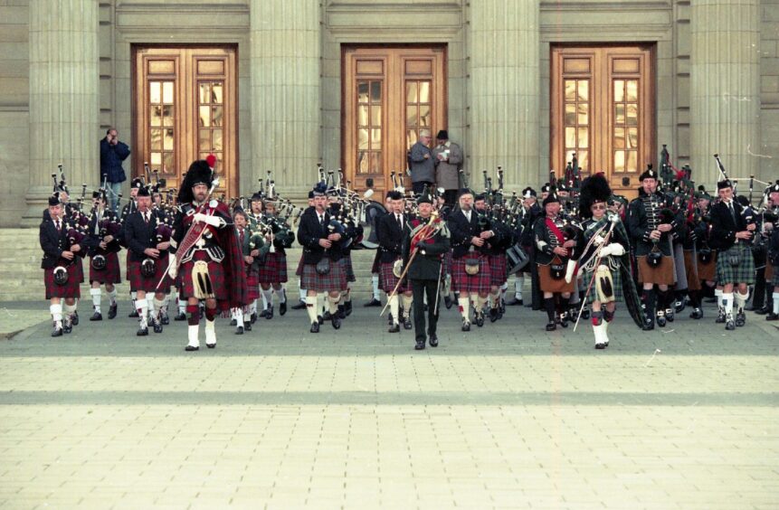 Pipers on the day in Dundee 25 years ago.