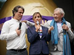 John Bishop, Mel Giedroyc and Sir Ian McKellen outside the Londoner Hotel, in Leicester Square, London, for the announcement of a UK tour of the pantomime Mother Goose (Yui Mok/PA)