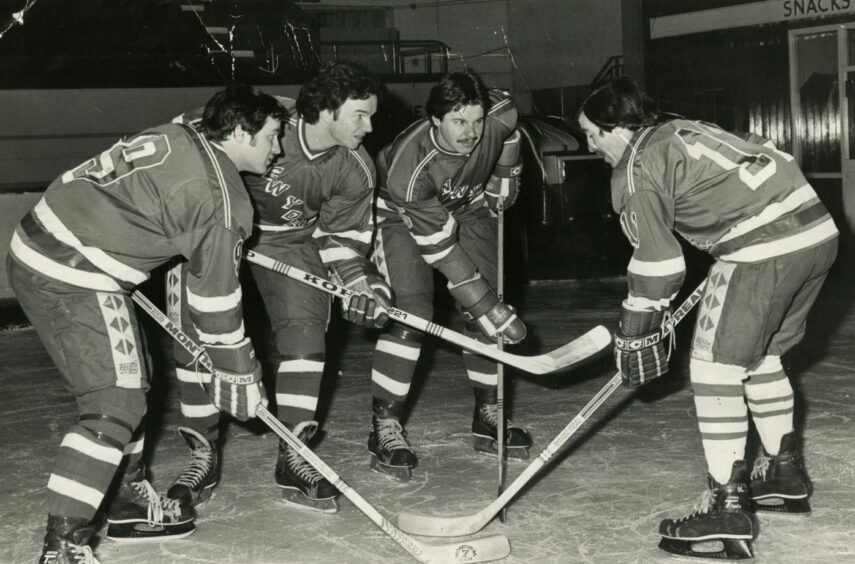 Roy Halpin, Kevin O'Neill and Chris Brinster face up to team mate Joe Guilcher before Scotland played Canada in 1981