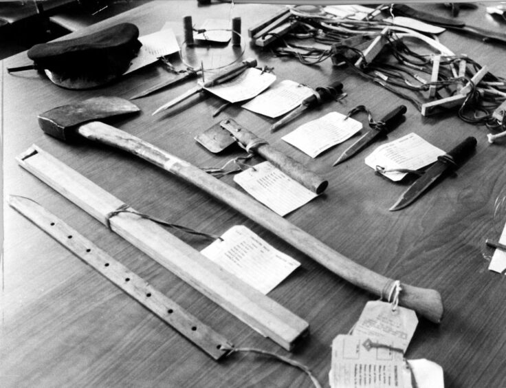 The arsenal of weapons that Mone and McCulloch made at Carstairs as they planned their escape. Image: Supplied.