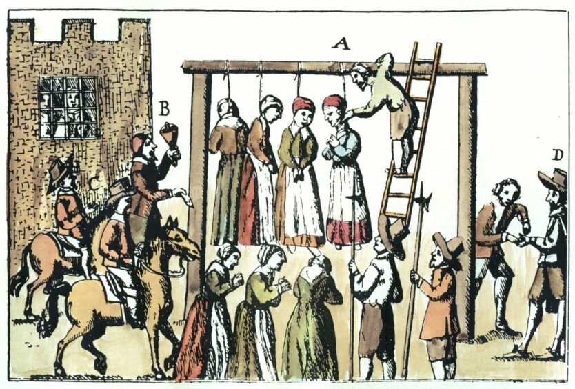 An illustration of the execution of suspected witches in the 17th century