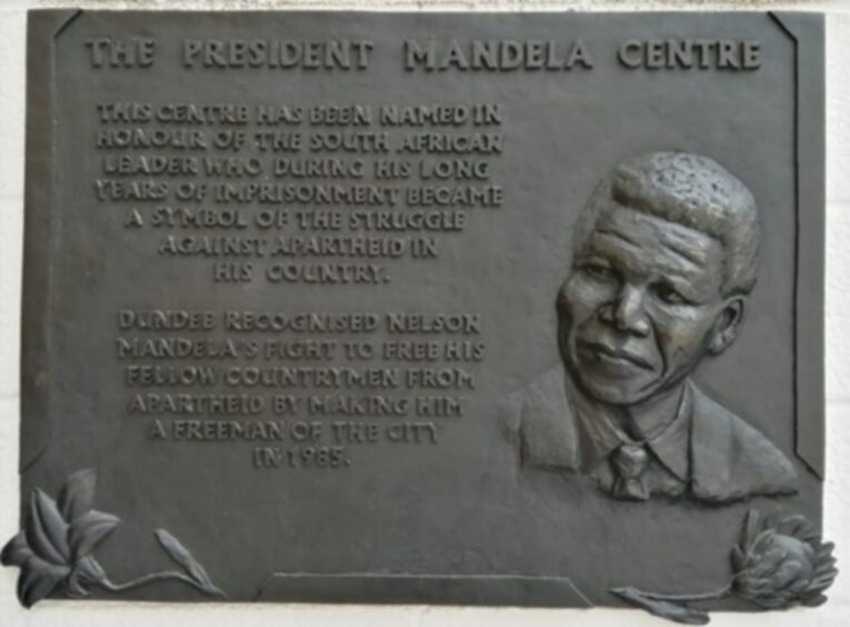 Nelson Mandela plaque in Dundee's Central Library.