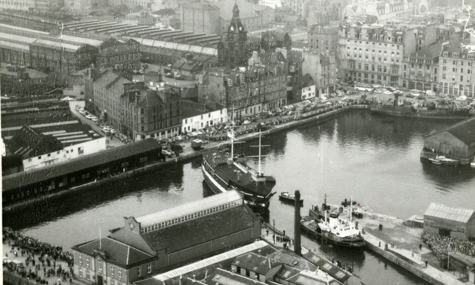 Aerial shot of the HMS Unicorn at Earl Grey Dock, Dundee.