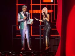 Hosts Taika Waititi and Rita Ora on stage at the MTV Europe Music Awards 2022 (Ian West/PA)