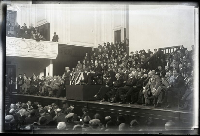 Churchill delivering a speech on stage at the Caird Hall on November 13 1922 before the vote. Image: DC Thomson.