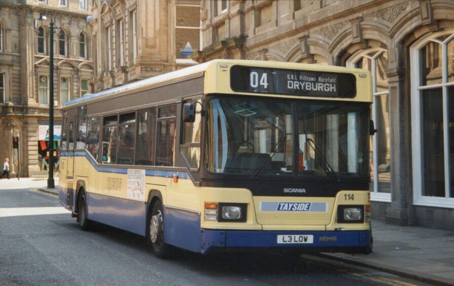 This Scania bus, pictured in Meadowside, was a trailblazer for low-floor buses in the 1990s. Image: Derek Simpson.