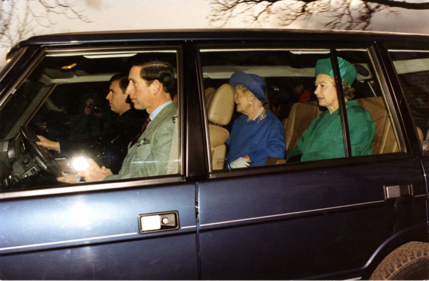 Prince Andrew, Prince Charles, The Queen Mother and The Queen at Crathie Church. Image: DC Thomson.
