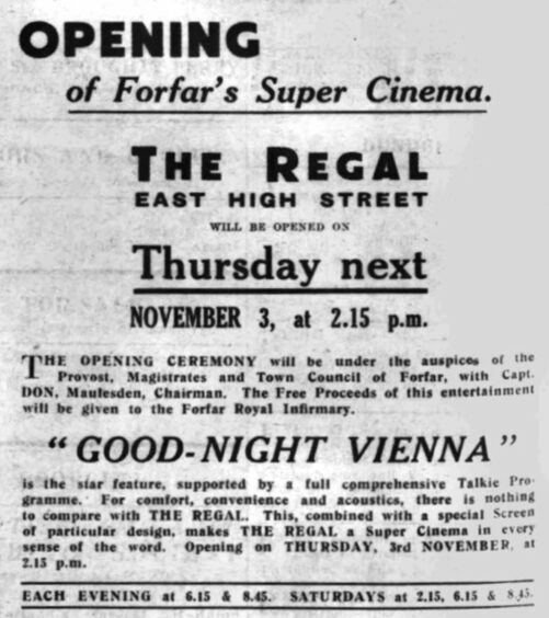 A newspaper advert previewing the opening of The Regal in East High Street, Forfar.