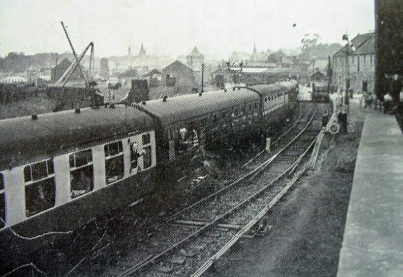 A train leaving Brechin Railway Station in the 1950s