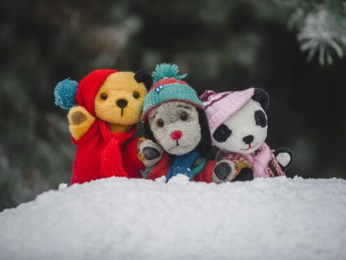 Sooty, Sweep and Soo in the snow during the video for their Christmas single The Most Magical Time Of The Year which is raising money for Childline (Sooty/Childline/PA)