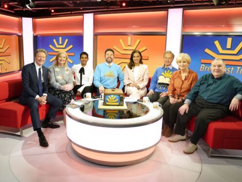 From left: Charlie Stayt, Carol Kirkwood, Naga Munchetty, Jon Kay, Sally Nugent, Francis Wilson, Debbie Rix and Russell Grant on the red sofa as BBC Breakfast celebrate its 40th anniversary with a special show and guests at MediaCityUK, Salford (Danny Lawson/PA)