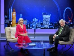 Former culture secretary Nadine Dorries interviewing former prime minister Boris Johnson on the first episode of Friday Night with Nadine (TalkTV/PA)